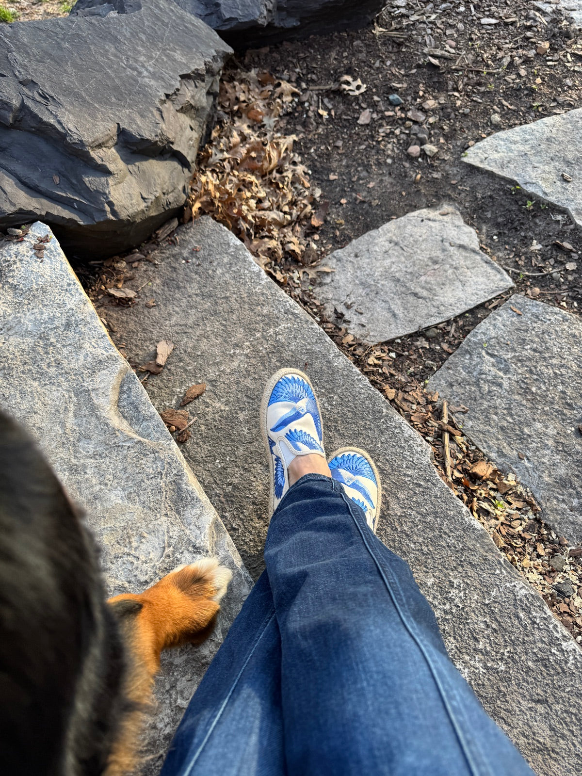 Java slip-ons on stone steps